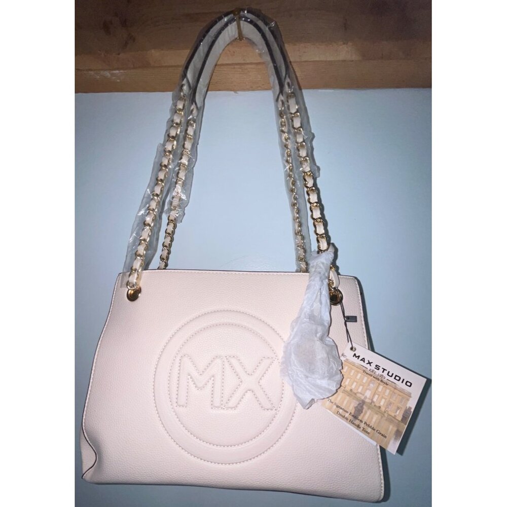 NWT Max Studio Pebble Grain Double Handle Tote Bag Chain Straps Ivory Color